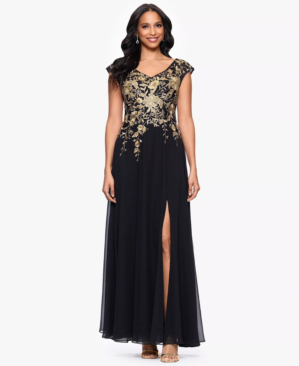 Betsy & Adam Petites Chiffon V-Neck Long a-Line Dress -Black, Gold Size 2p, 299$